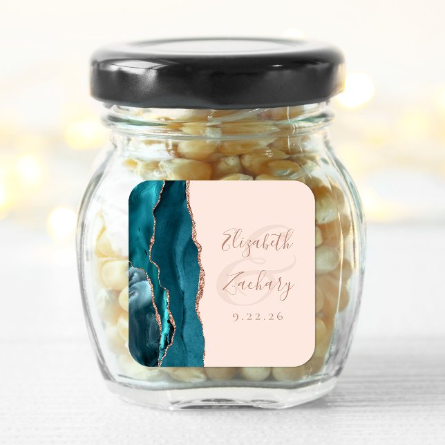 Agate Geode Script Aquamarine Rose Gold Blush Hoch Quadratischer Aufkleber (Von Creator hochgeladen)