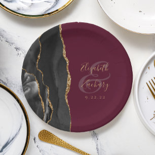 Agate Geode Script Black Gold Burgundy Pappteller