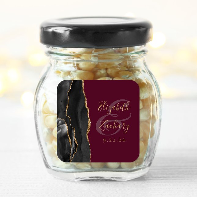 Agate Geode Script Black Gold Burgundy Wedding Quadratischer Aufkleber (Von Creator hochgeladen)