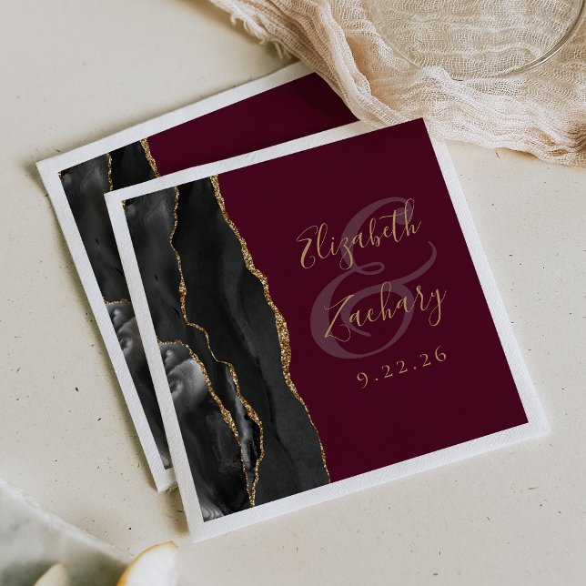 Agate Geode Script Black Gold Burgundy Wedding Serviette (Von Creator hochgeladen)