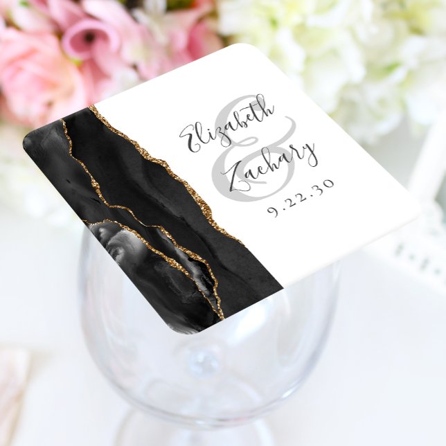 Agate Geode Script Black Gold Wedding Rechteckiger Pappuntersetzer (Von Creator hochgeladen)