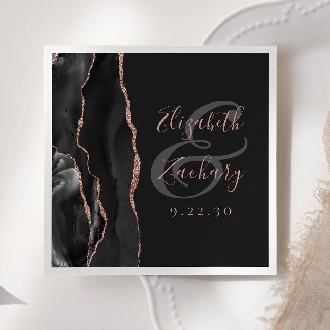 Agate Geode Script Black Rose Gold Dark Wedding Serviette (Von Creator hochgeladen)