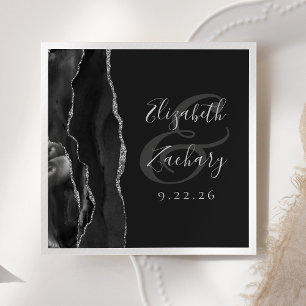 Agate Geode Script Black Silver Dark Wedding Serviette