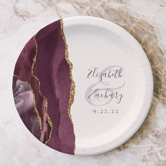 Agate Geode Script Burgundy Gold Blush Pappteller (Von Creator hochgeladen)