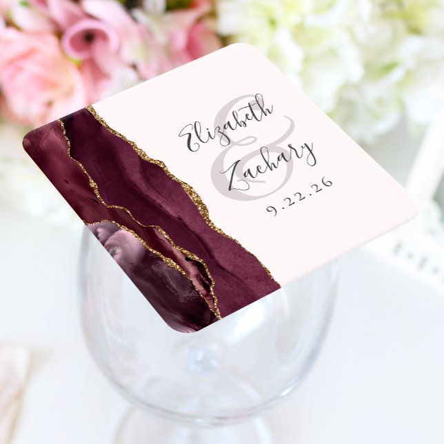 Agate Geode Script Burgundy Gold Blush Wedding Rechteckiger Pappuntersetzer (Von Creator hochgeladen)