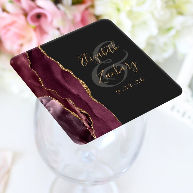 Agate Geode Script Burgundy Gold Dark Wedding Rechteckiger Pappuntersetzer (Von Creator hochgeladen)