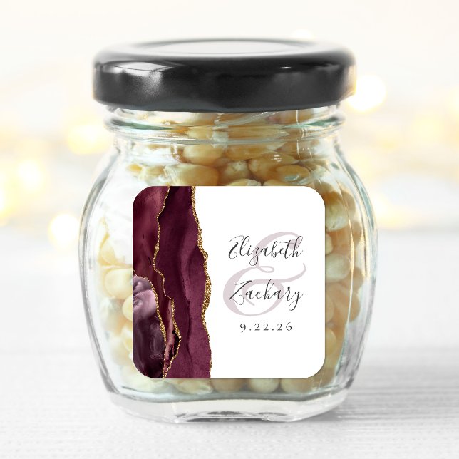 Agate Geode Script Burgundy Gold Wedding Quadratischer Aufkleber (Von Creator hochgeladen)