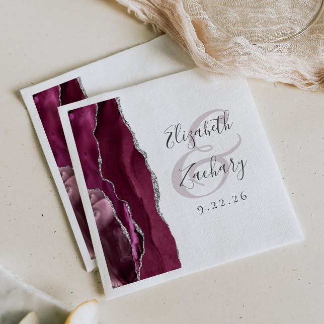 Agate Geode Script Burgundy Silver Wedding Serviette (Von Creator hochgeladen)
