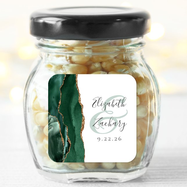 Agate Geode Script Emerald Green Gold Wedding Quadratischer Aufkleber (Von Creator hochgeladen)