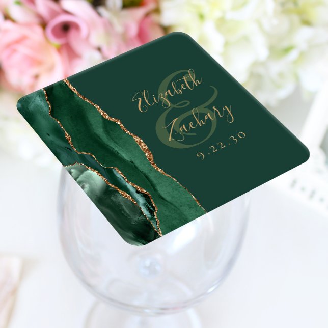 Agate Geode Script Emerald Green Gold Wedding Rechteckiger Pappuntersetzer (Von Creator hochgeladen)