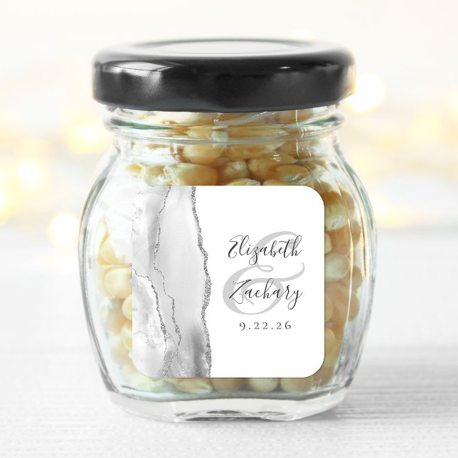 Agate Geode Script Gray Silver Wedding Quadratischer Aufkleber (Von Creator hochgeladen)