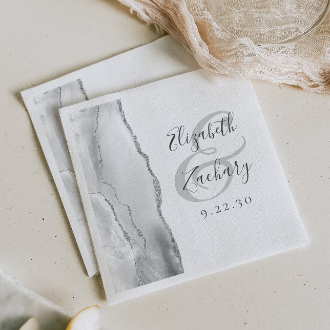 Agate Geode Script Gray White Silver Wedding Serviette (Von Creator hochgeladen)