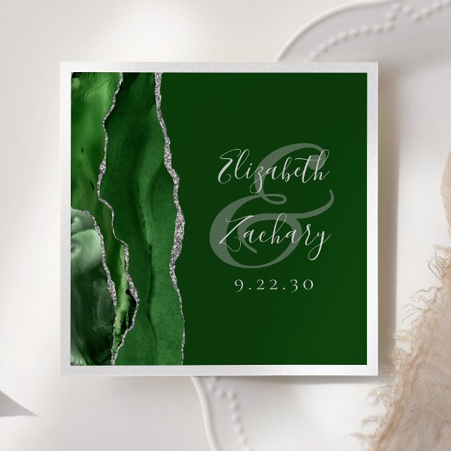 Agate Geode Script Hunter Green Silver Wedding Serviette (Von Creator hochgeladen)