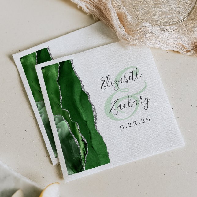 Agate Geode Script Hunter Green Silver Wedding Serviette (Von Creator hochgeladen)
