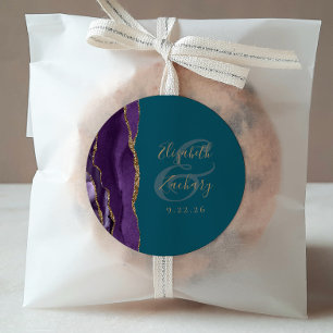 Agate Geode Script Lila Gold Aquamarine Hochzeit Runder Aufkleber