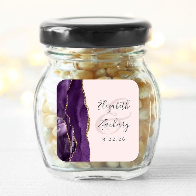 Agate Geode Script Lila Gold Blush Wedding Quadratischer Aufkleber (Von Creator hochgeladen)