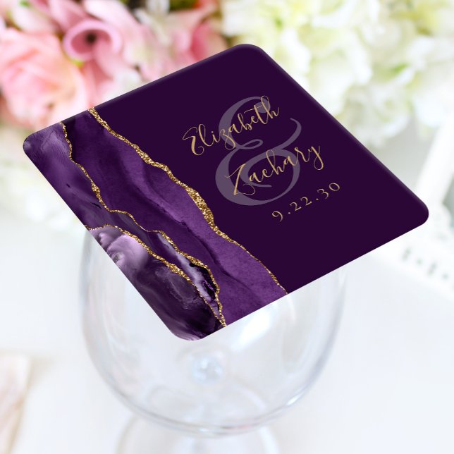 Agate Geode Script Lila Gold Plum Wedding Rechteckiger Pappuntersetzer (Von Creator hochgeladen)