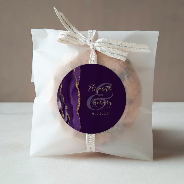 Agate Geode Script Lila Gold Plum Wedding Runder Aufkleber (Von Creator hochgeladen)