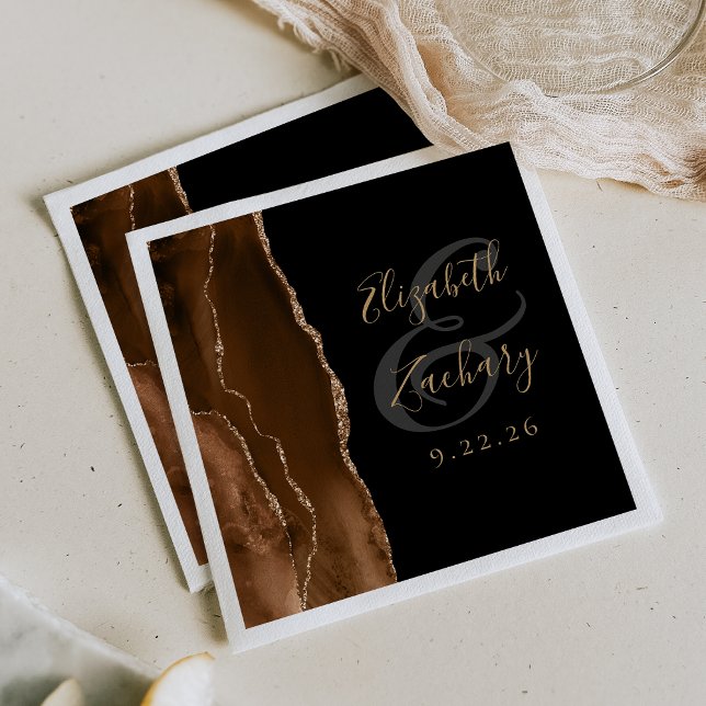 Agate Geode Script Mocha Brown Gold Black Wedding Serviette (Von Creator hochgeladen)