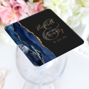 Agate Geode Script Navy Blue Gold Dark Wedding Rechteckiger Pappuntersetzer