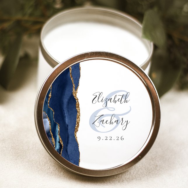 Agate Geode Script Navy Blue Gold Hochzeit Runder Aufkleber (Von Creator hochgeladen)