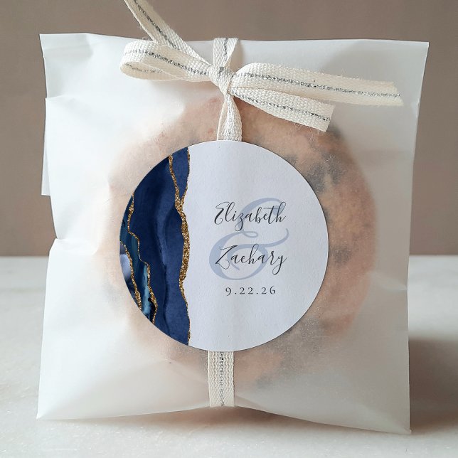 Agate Geode Script Navy Blue Gold Hochzeit Runder Aufkleber (Von Creator hochgeladen)