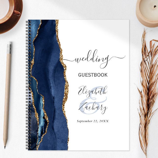 Agate Geode Script Navy Blue Gold Wedding Gast Notizbuch (Von Creator hochgeladen)