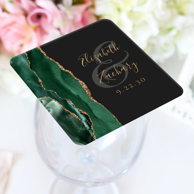 Agate Geode Script Smarald Green Gold Dark Wedding Rechteckiger Pappuntersetzer (Von Creator hochgeladen)