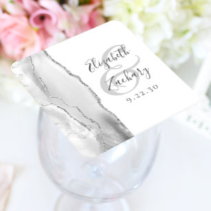 Agate-Geoden-Schrift Grau Weiß Silber Hochzeit Rechteckiger Pappuntersetzer