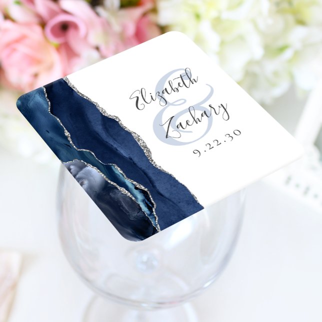 Agate-Geoden-Schrift Navyblau Silber Hochzeit Rechteckiger Pappuntersetzer (Von Creator hochgeladen)