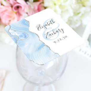 Agate-Geoden-Script Baby Blue Silber Hochzeit Rechteckiger Pappuntersetzer