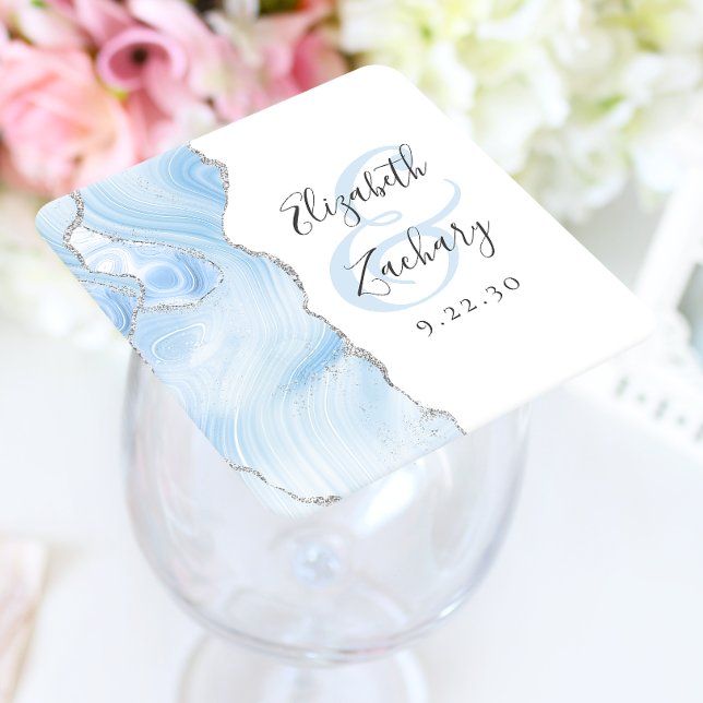 Agate-Geoden-Script Baby Blue Silber Hochzeit Rechteckiger Pappuntersetzer (Von Creator hochgeladen)