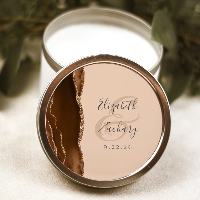 Agate-Geoden-Script Mocha-Braun Gold Beige Hochzei Runder Aufkleber (Von Creator hochgeladen)
