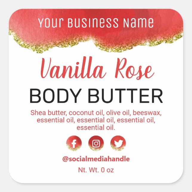 Agate Gold Glitzer Red White Product Labels Quadratischer Aufkleber (Vorderseite)