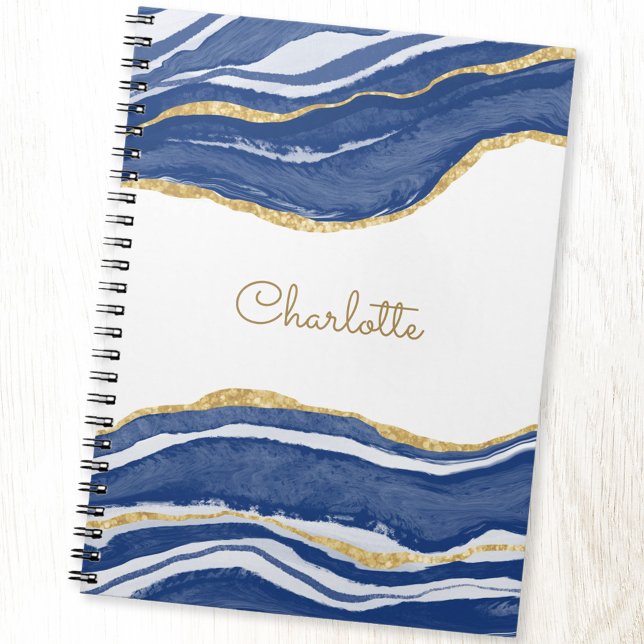 Agate Gold Glitzern Watercolor Personalisiert Blue Notizblock (Blue and white gold glitter personalized name notebook)