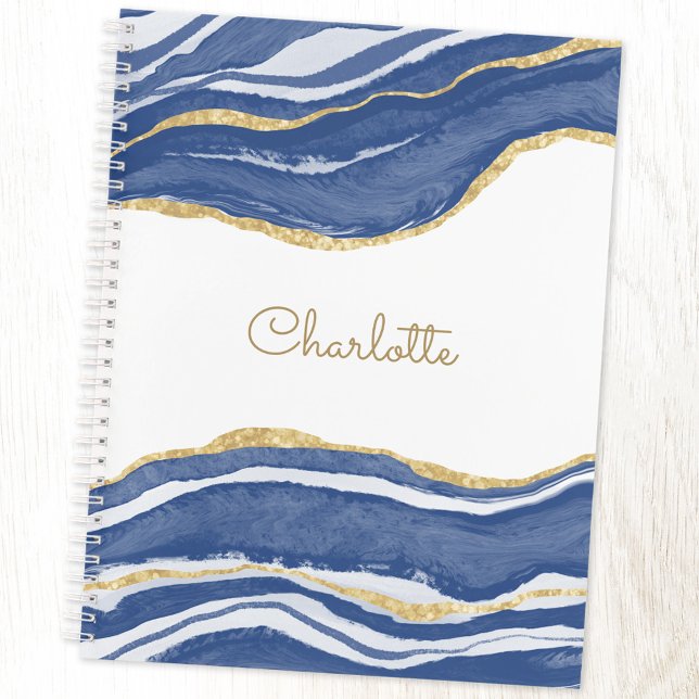 Agate Gold Glitzern Watercolor Personalisiert Blue Notizbuch (Personalized navy blue, gold and white agate notebook with choice of cover and interior)