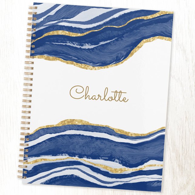 Agate Gold Glitzern Watercolor Personalisiert Blue Planer (Blue agate marble personalized custom name planner with hard or soft cover)