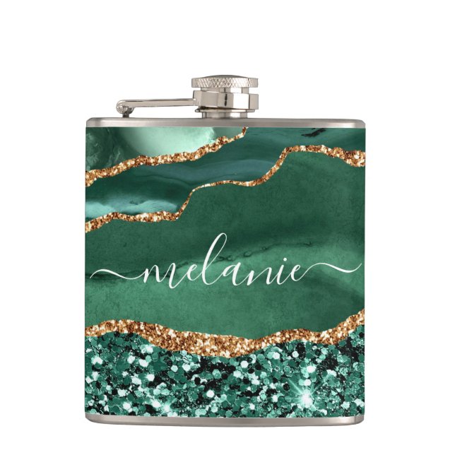 Agate Green Gold Emerald Individuelle Name Flask Flachmann (Vorderseite)