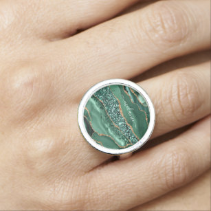 Agate Green Gold Emerald Individuelle Name Ring Ge
