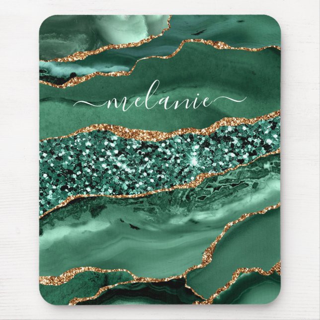 Agate Green Gold Glitzer Geode Marble Individuelle Mousepad (Vorne)