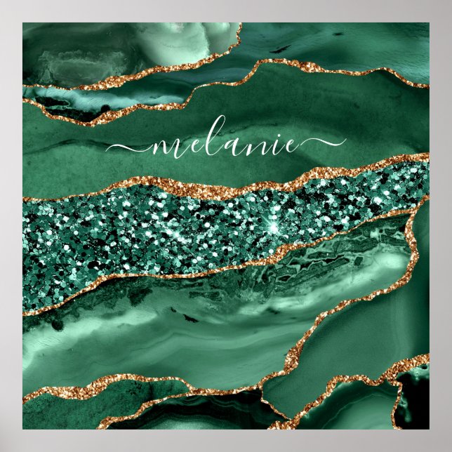 Agate Green Gold Glitzer Geode Marble Individuelle Poster (Vorne)
