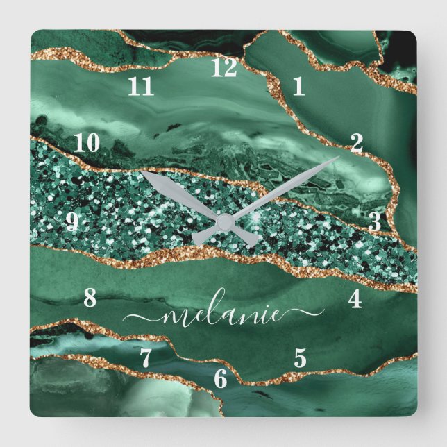 Agate Green Gold Glitzer Geode Marble Individuelle Quadratische Wanduhr (Vorderseite)
