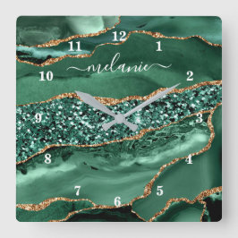 Agate Green Gold Glitzer Geode Marmornamensklemme Quadratische Wanduhr