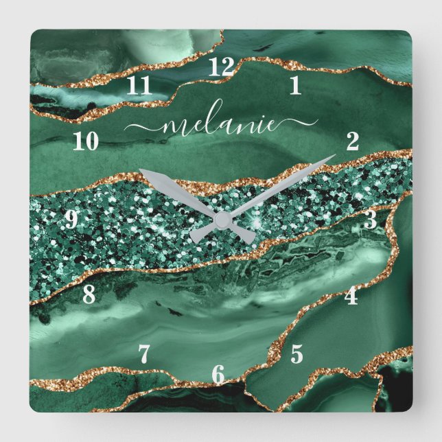 Agate Green Gold Glitzer Geode Marmornamensklemme Quadratische Wanduhr (Vorderseite)