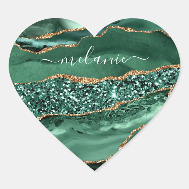 Agate Green Gold Glitzer Geode Marmornamensticker Herz-Aufkleber (Vorderseite)