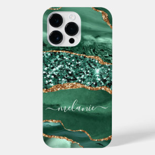 Agate Green Gold Glitzer Individuelle Name Marble  iPhone 14 Pro Max Hülle