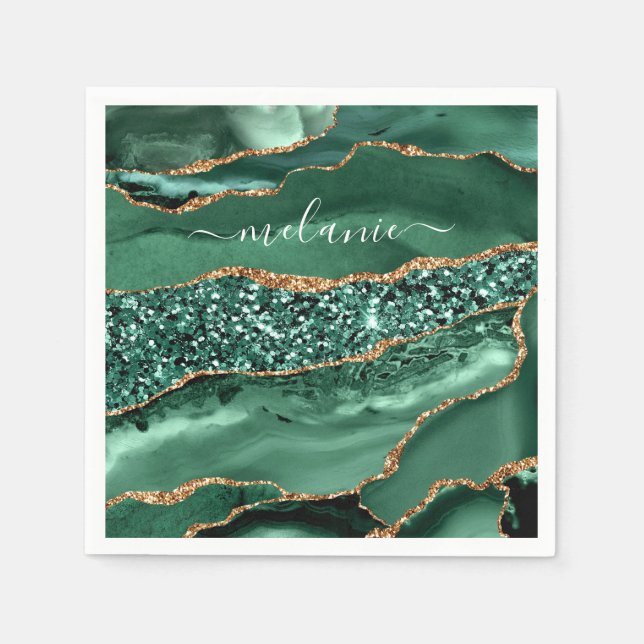 Agate Green Gold Glitzer Individuelle Name Napkins Serviette (Vorderseite)