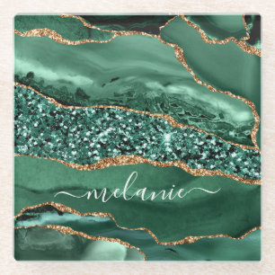 Agate Green Gold Glitzer Marble Geode Name Unterse Glasuntersetzer
