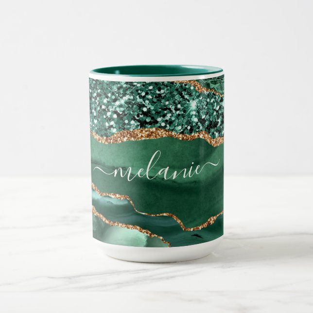 Agate Green Gold Glitzer Marble Individuelle Name  Tasse (Zentrum)