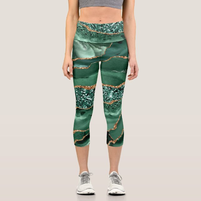 Agate Green Gold Glitzer Marmorieren Sie Ihre Legg Capri Leggings (Vorderseite)